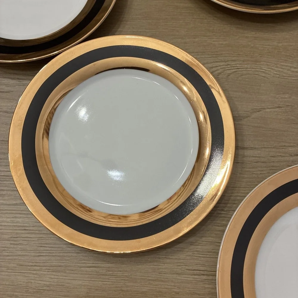 I. Godinger & Co Black & Gold Stripe Porcelain Dessert Plates Set of 4